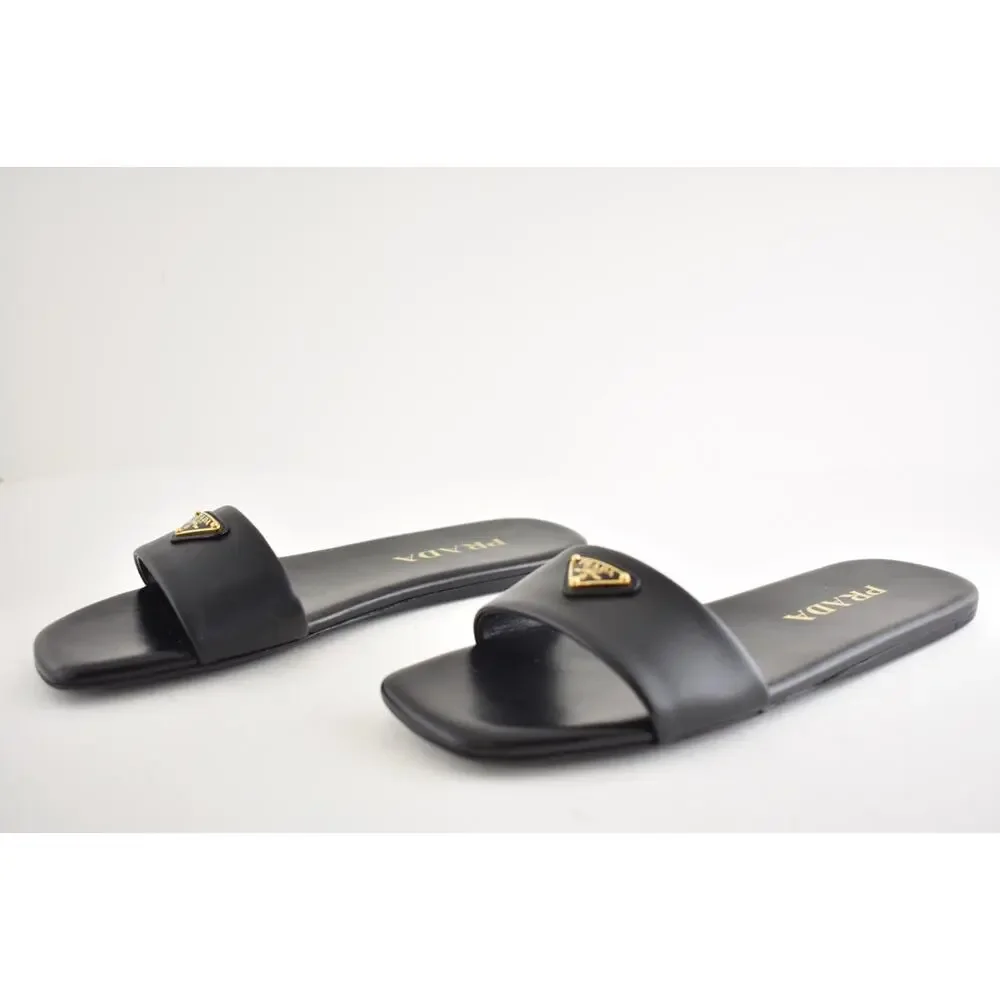 Prada Ciabatte Black Leather Gold Triangle Logo Slide Mule Flat Sandal 36